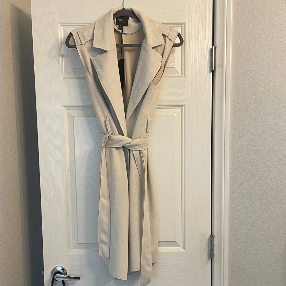 Beige Sleeveless Faux Leather Long Vest. Never Worn!